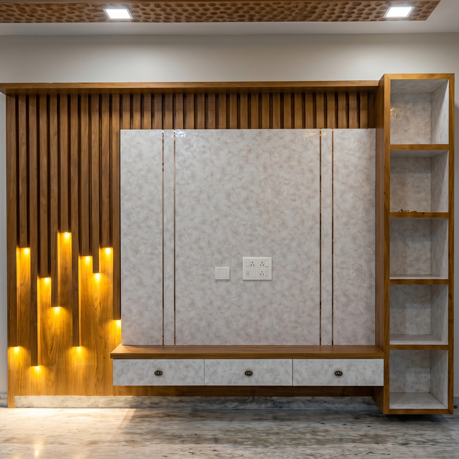 white , gold and drown tv unit