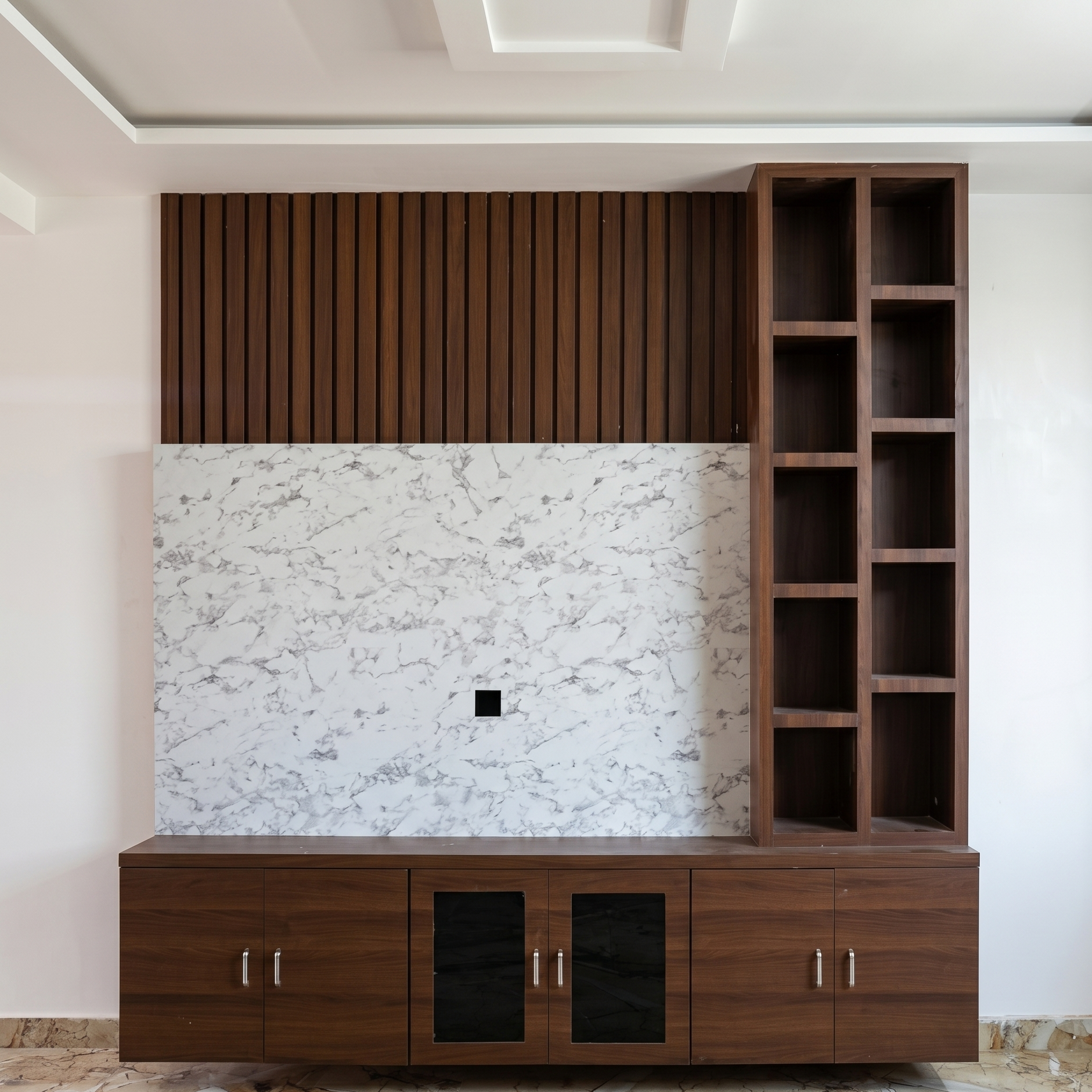 tv unit in hall with white and drown