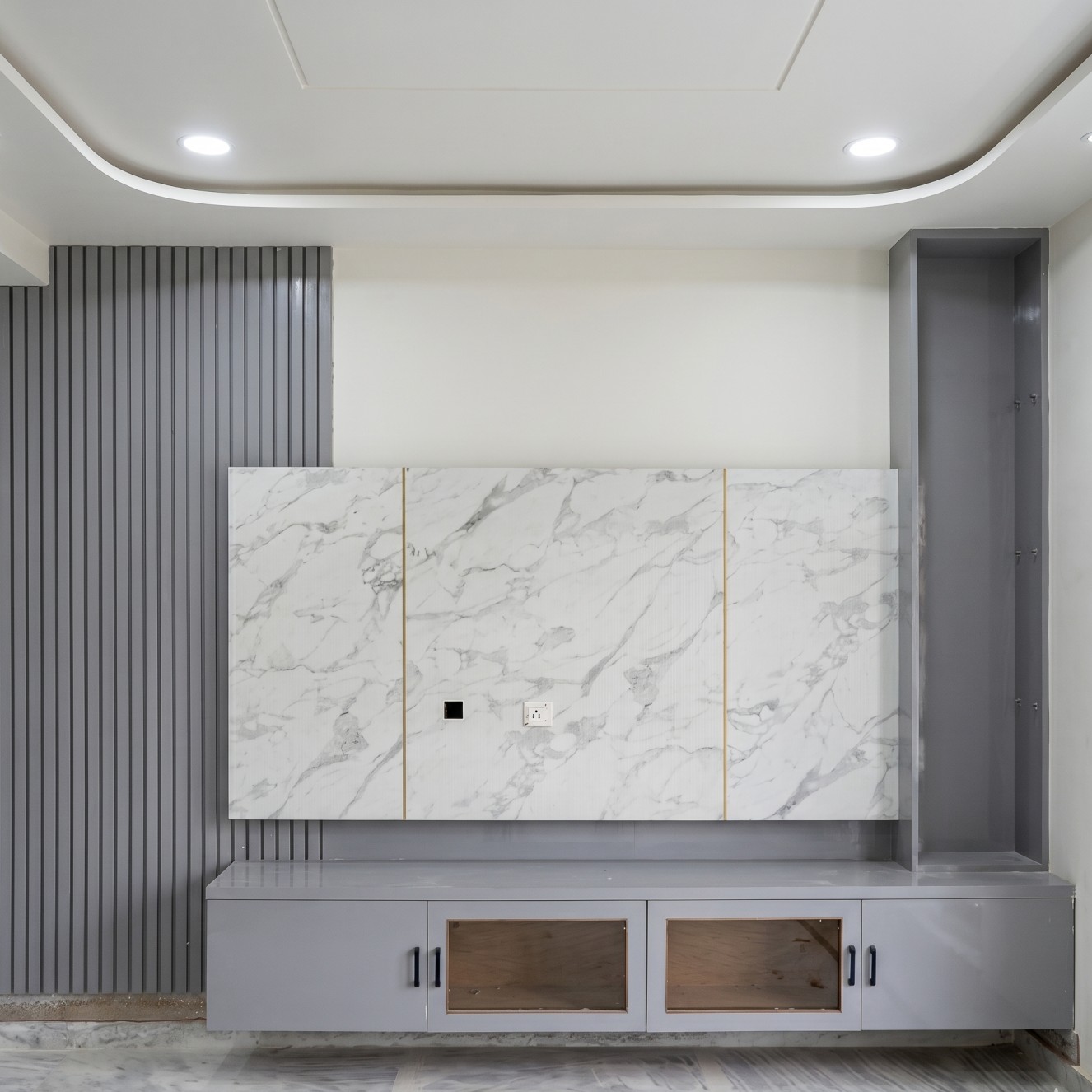 Gray and white modern tv unit